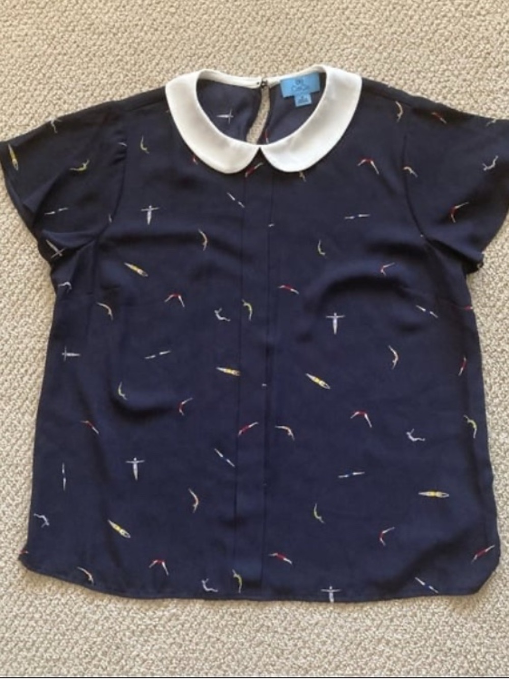 CeCe Navy Blue White Collared Divers Short Sleeve Blouse Size Medium Like New